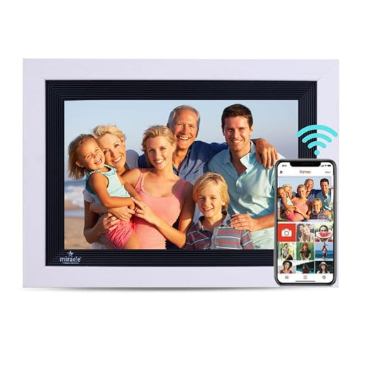 Miracle Digital 10.1" Wooden White Cloud Wi-Fi Photo Frame, 32GB memory, Android 8, 2GB RAM. Share photos & videos via Frameo app.