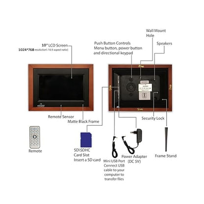 Miracle Digital 10 inch IPS Wooden Dark Digital Photo Frame Hi-Def Screen Built-in 8GB Memory 2GB RAM