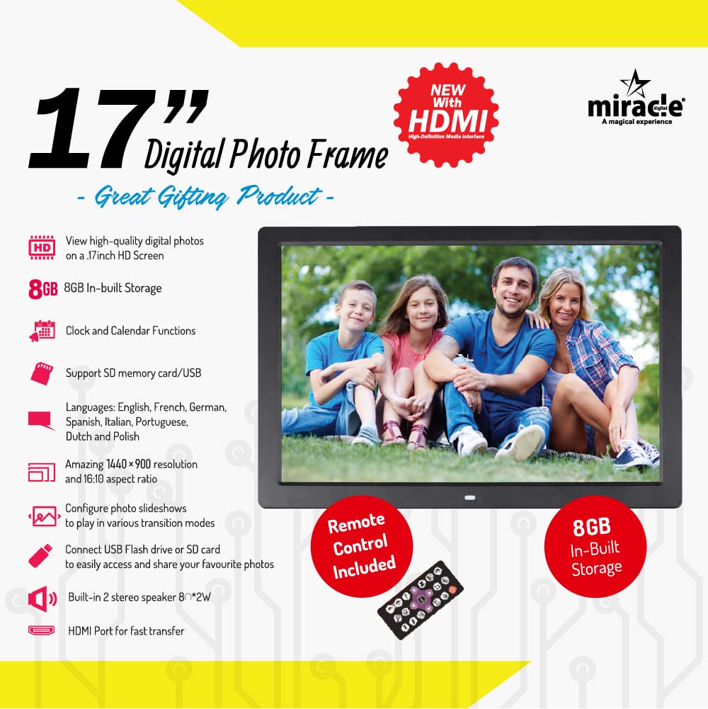 Miracle Digital 17'' Inch Large HDMI Digital Photo Frame Premium Mirror Glass Finish Display Built in 8 GB Memory & 2 GB RAM.USB Disk Card, Remote Photos Slide Show, Video and Audio Support