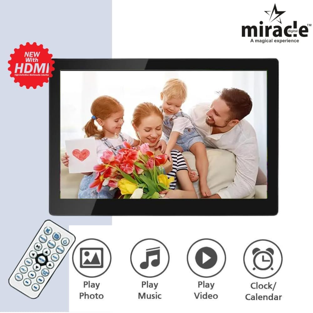 Miracle Digital 12" inch HDMI Digital Photo Frame with Premium Mirror Finish Hi-def Display Built-in 8GB Memory 2GB RAM & 2 Stereo Speakers