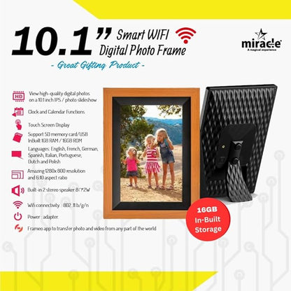 Miracle Digital 10.1 inch Wooden Dark Cloud Wi-Fi Digital Photo Frame Built-in 16GB Memory & Android 8 with 2GB RAM Share Photos & Videos Through Wi-Fi Frameo App