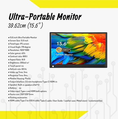 Miracle Digital 15.6'' Ultra Portable Non-Touch Monitor with Smart Metal Stand