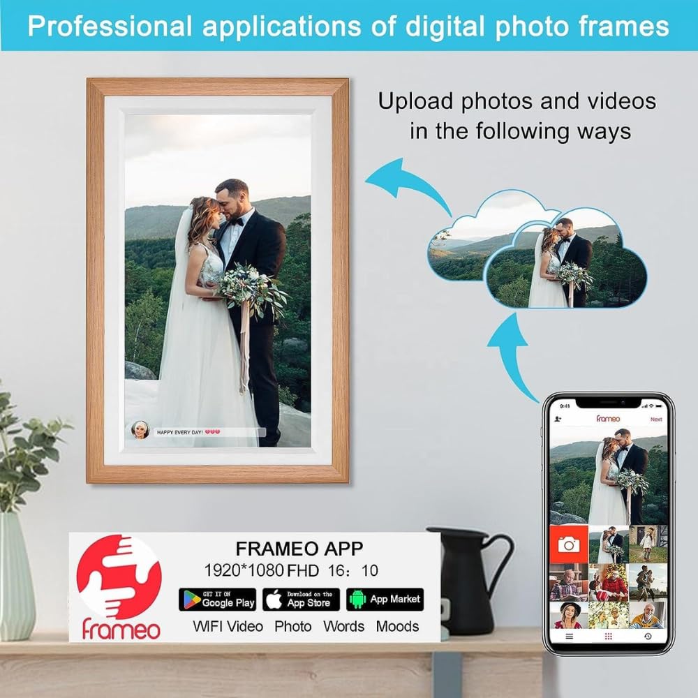 Frameo 15.6 Inch Large Digital Photo Frame, Digital Picture Frame WiFi with 32GB, 1920 * 1080 IPS HD Touch Screen, Tabletop&Wall-Mounted,Birthday,Wedding,Gifts for Men/Women/Father/Mom/Grandparents