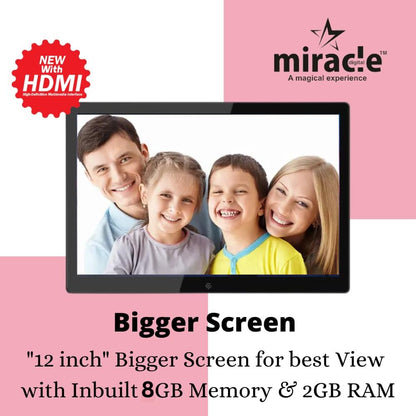 Miracle Digital 12" inch HDMI Digital Photo Frame with Premium Mirror Finish Hi-def Display Built-in 8GB Memory 2GB RAM & 2 Stereo Speakers