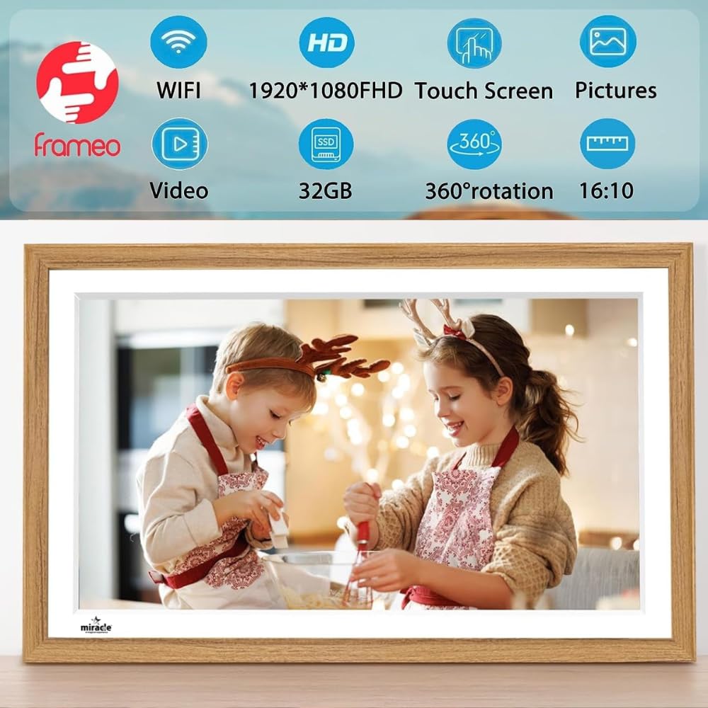 Frameo 15.6 Inch Large Digital Photo Frame, Digital Picture Frame WiFi with 32GB, 1920 * 1080 IPS HD Touch Screen, Tabletop&Wall-Mounted,Birthday,Wedding,Gifts for Men/Women/Father/Mom/Grandparents