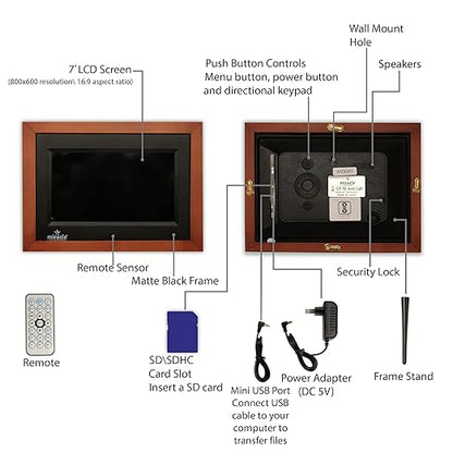 Miracle Digital 7 inch IPS Wooden Dark Digital Photo Frame Hi-Def Screen Built in 8GB Memory 2GB Ram