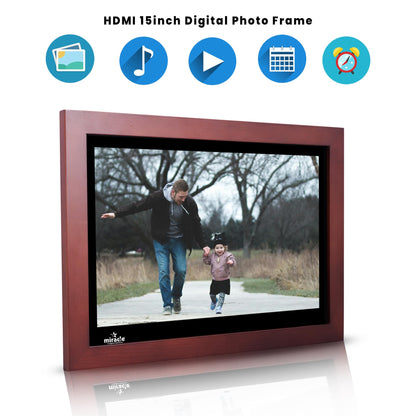 Miracle Digital 15.4'' Inch Wooden Dark Large HDMI Digital Photo Frame Premium Mirror Glass Finish Display Built in 8GB Memory & 2GB RAM.USB Disk Card, Remote Photos Slide Show, Video and Audio Support