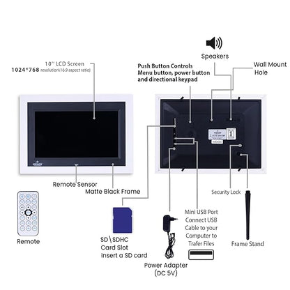 Miracle Digital 10 inch IPS Wooden White Digital Photo Frame Hi-Def Screen Built-in 8GB Memory 2GB RAM