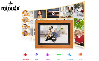 Miracle Digital 10.1" Wooden Dark Cloud Wi-Fi Photo Frame, 32GB memory, Android 8, 2GB RAM. Share photos & videos via Frameo app.