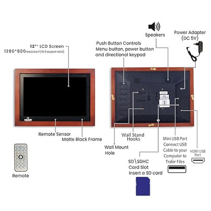 Miracle Digital 12" inch Wooden Dark HDMI Digital Photo Frame with Premium Mirror Finish Hi-def Display Built-in 8GB Memory 2GB RAM & 2 Stereo Speakers