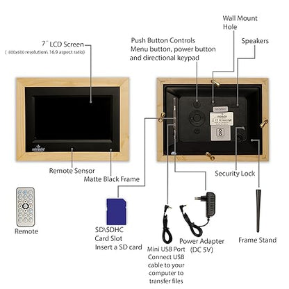 Miracle Digital 7" Inch IPS Wooden Light Digital Photo Frame Hi-Def Screen Built-in 8GB Memory 2GB RAM
