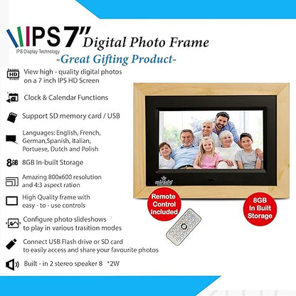 Miracle Digital 7" Inch IPS Wooden Light Digital Photo Frame Hi-Def Screen Built-in 8GB Memory 2GB RAM