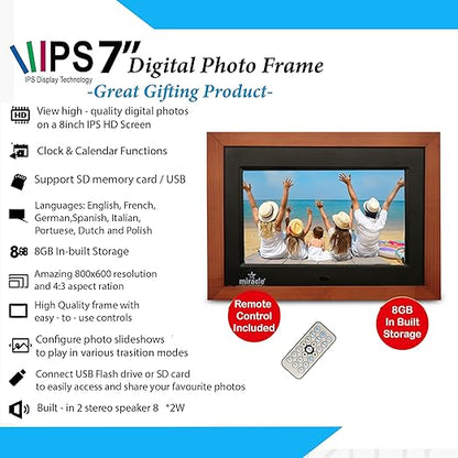 Miracle Digital 7 inch IPS Wooden Dark Digital Photo Frame Hi-Def Screen Built in 8GB Memory 2GB Ram