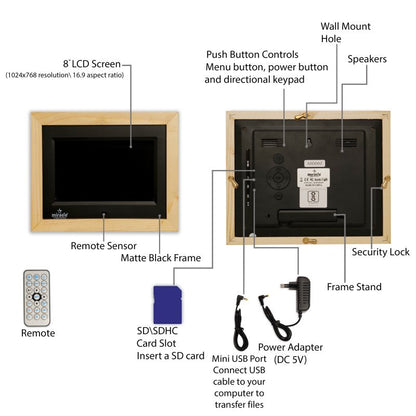 Miracle Digital 8'' Inch IPS Wooden Light Digital Photo Frame | Built-in 8 GB Memory & 2GB RAM