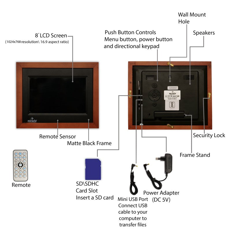 Miracle Digital 8" Inch IPS Wooden Dark Digital Photo Frame with Hi-Def Screen Built-in 8GB Memory & 2GB RAM 180° Wide Angle Viewing