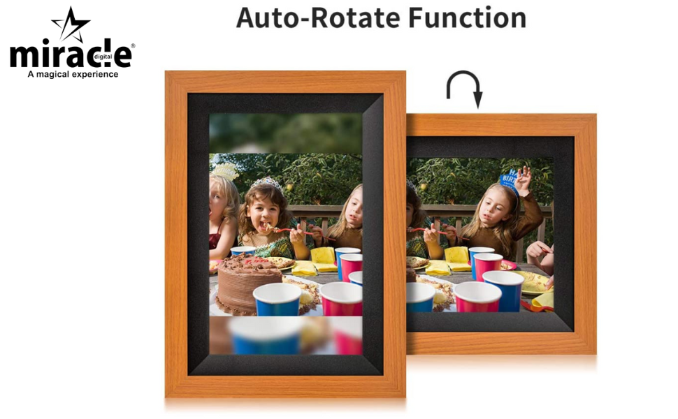Miracle Digital 10.1" Wooden Dark Cloud Wi-Fi Photo Frame, 32GB memory, Android 8, 2GB RAM. Share photos & videos via Frameo app.