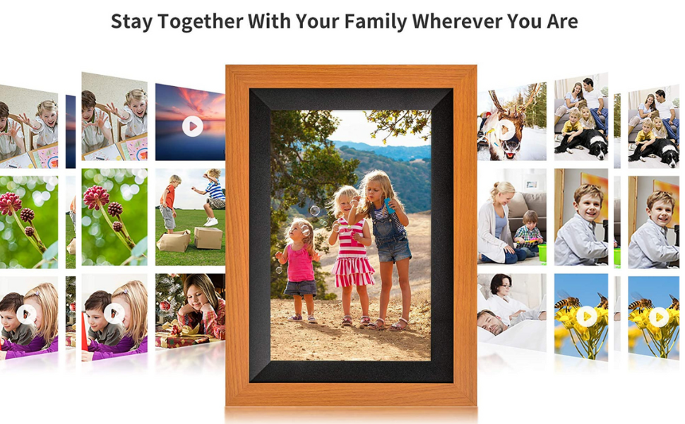 Miracle Digital 10.1" Wooden Dark Cloud Wi-Fi Photo Frame, 32GB memory, Android 8, 2GB RAM. Share photos & videos via Frameo app.