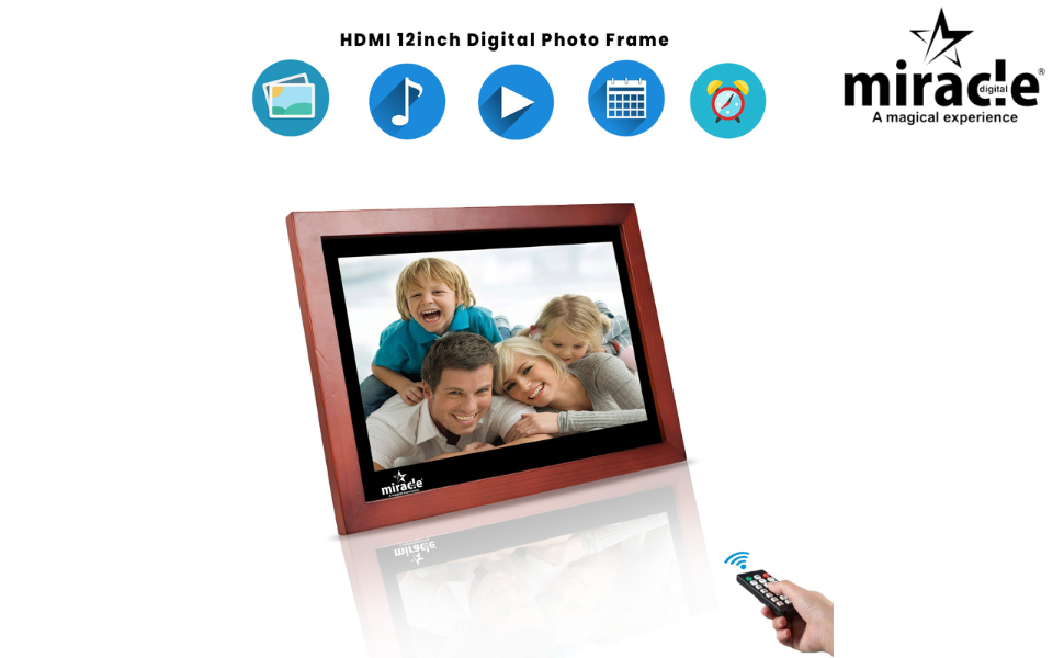 Miracle Digital 12" Wooden Dark HDMI Photo Frame, Premium Mirror Finish, Hi-def Display, 8GB memory, 2GB RAM, 2 Stereo Speakers.