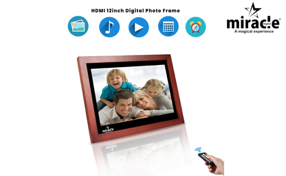 Miracle Digital 12" Wooden Dark HDMI Photo Frame, Premium Mirror Finish, Hi-def Display, 8GB memory, 2GB RAM, 2 Stereo Speakers.
