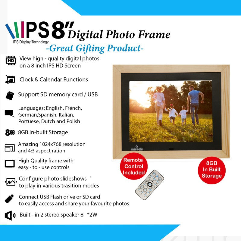 Miracle Digital 8'' Inch IPS Wooden Light Digital Photo Frame | Built-in 8 GB Memory & 2GB RAM